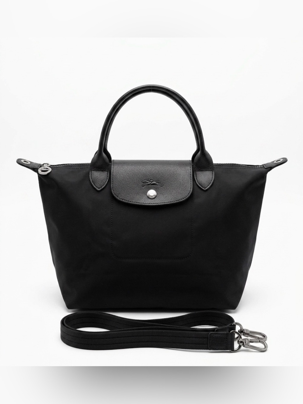 Longchamp Le Pliage Black Nylon Large Tote Leather Handles Crossbody Strap